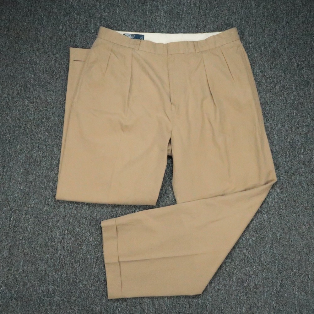 Polo Ralph Lauren Pants Mens 36x30 Beige Pleated Silk Cotton Trouser Cuffed VTG